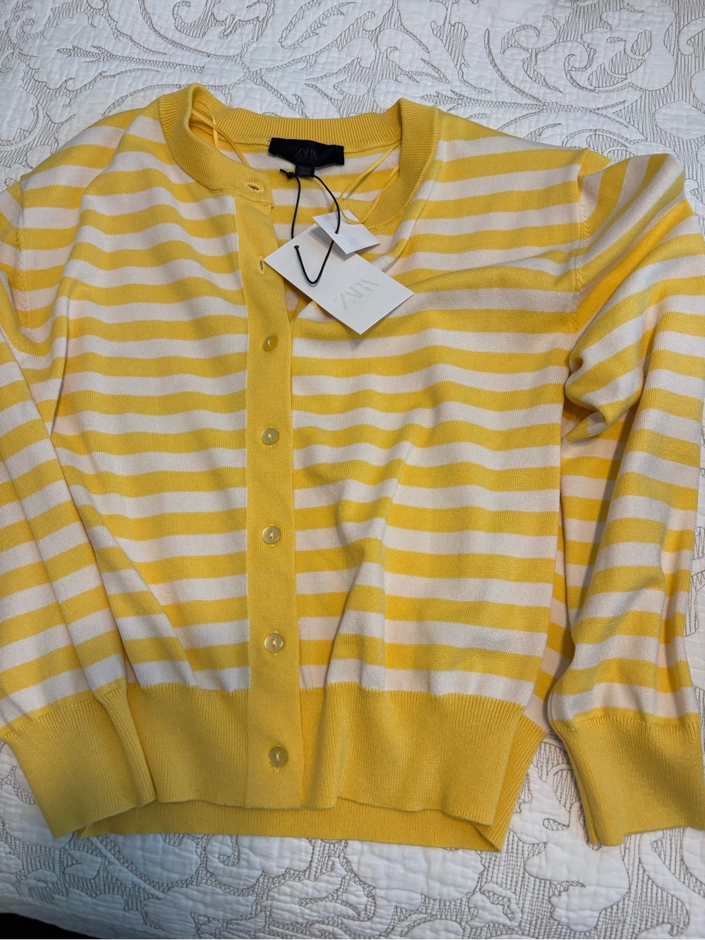 Zara Yellow & White Striped Button-Front Cardigan